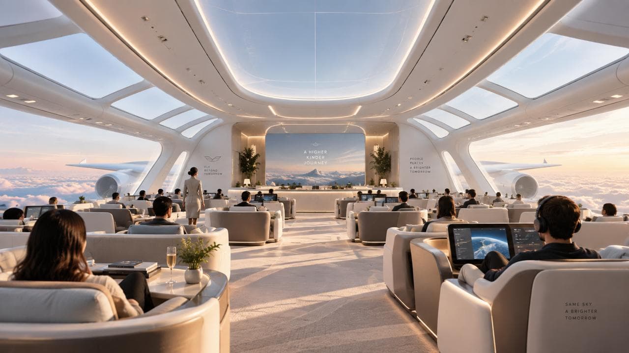 Interior de avião comercial tradicional comparado a conceito blended wing body, destacando diferença de espaço e disposição dos assentos.