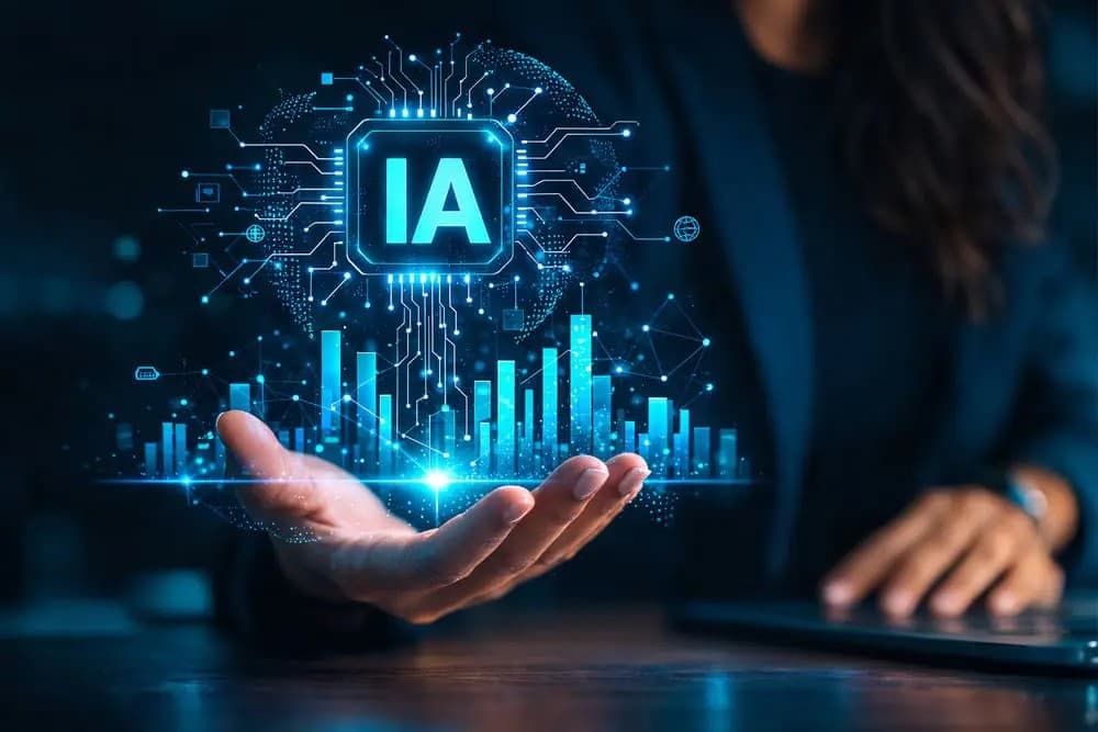 Auditório corporativo com colaboradores atentos a uma palestra sobre inteligência artificial, tela exibindo gráficos e exemplos práticos.